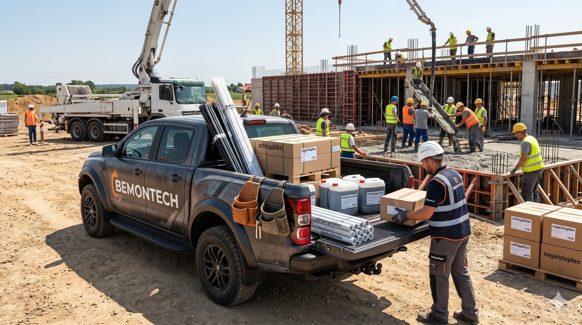 Bemontech-Pickup mit Befestigungsmaterial und Bauchemie direkt auf der Baustelle