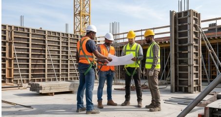 Planer und Bauleiter besprechen Ausführungspläne auf der Baustelle